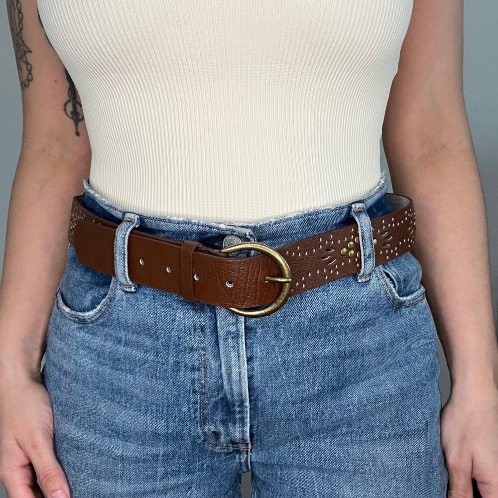 Amiee Lynn Brown Leather‎ Studded Laser Cut Belt Brass Buckle ML